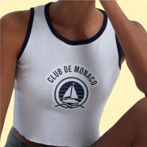 Club Monaco Pacsun White Tank Navy Trim & Nautical Sailboat Graphic Crop Top SML